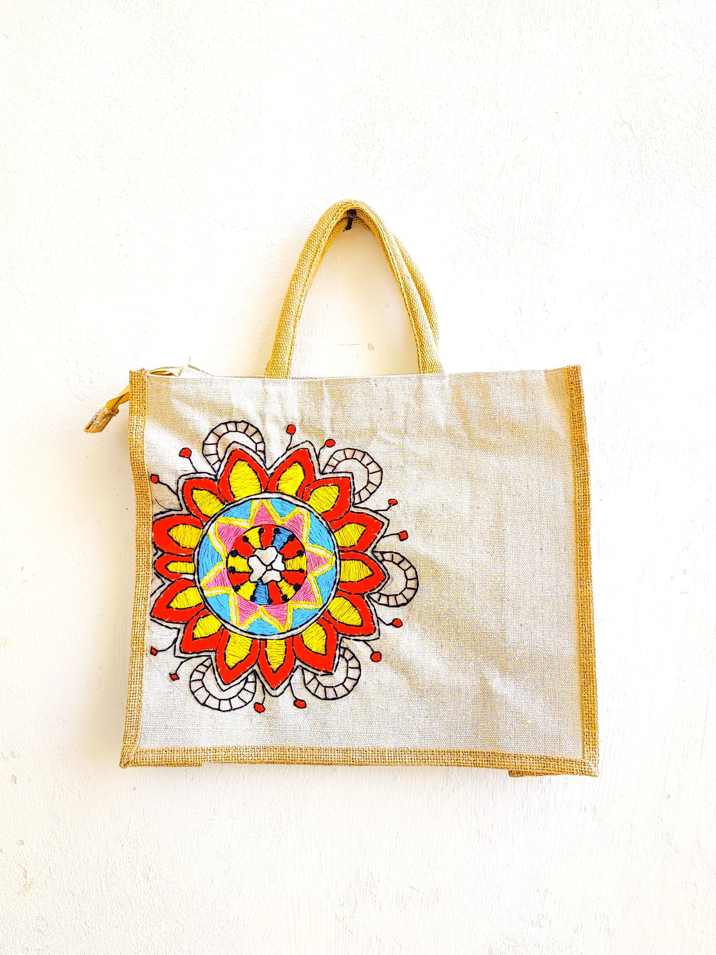 Mandala floral Jute Tote Bag (Hand Embroidered)
