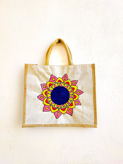 Mandala Art Jute Tote Bag (Hand Embroidered)