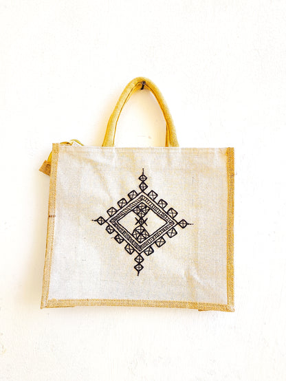 Mandala minimal Jute Tote Bag (Hand Embroidered)