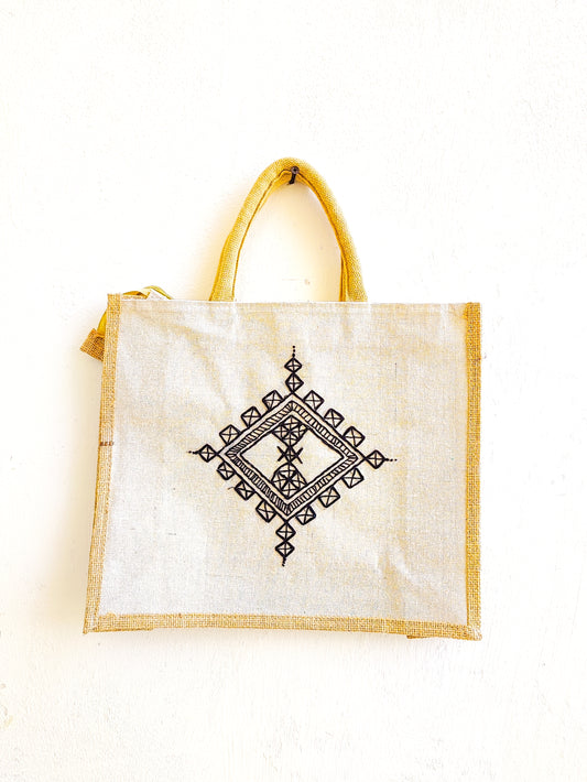 Mandala minimal Jute Tote Bag (Hand Embroidered)