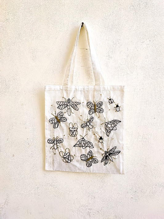 Insects White Tote Bag (Hand Embroidered)