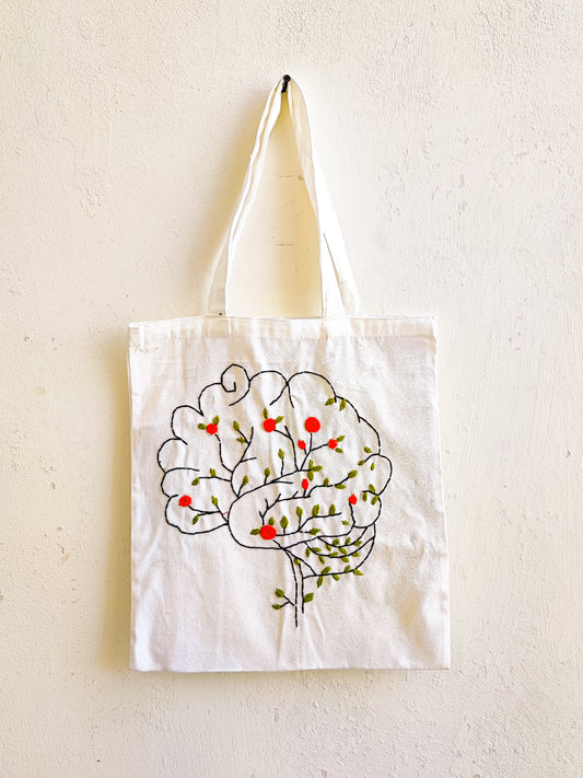 Blooming Mind White Tote Bag (Hand Embroidered)