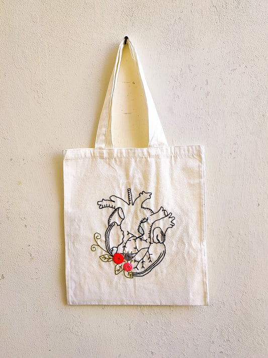 Floral Heartbeat White Tote Bag (Hand Embroidered)