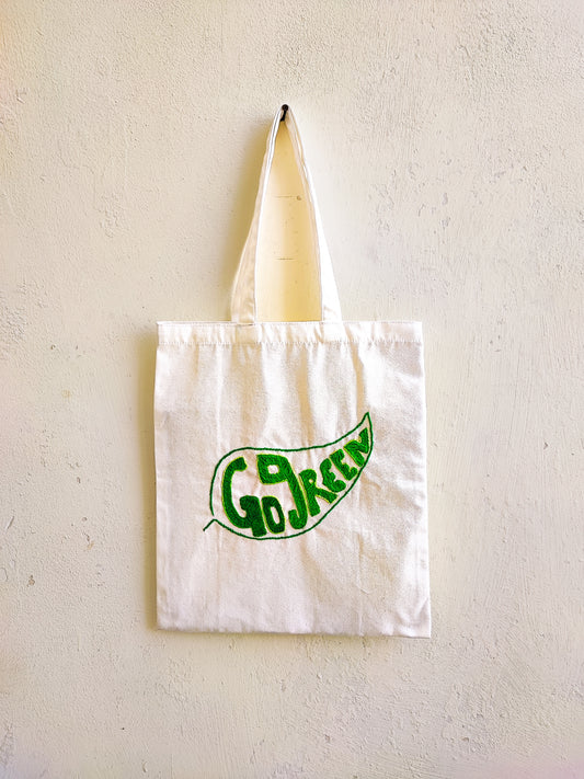 Go Green White Tote Bag (Hand Embroidered)