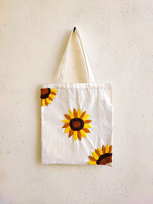 Sunflower White Tote Bag (Hand Embroidered)