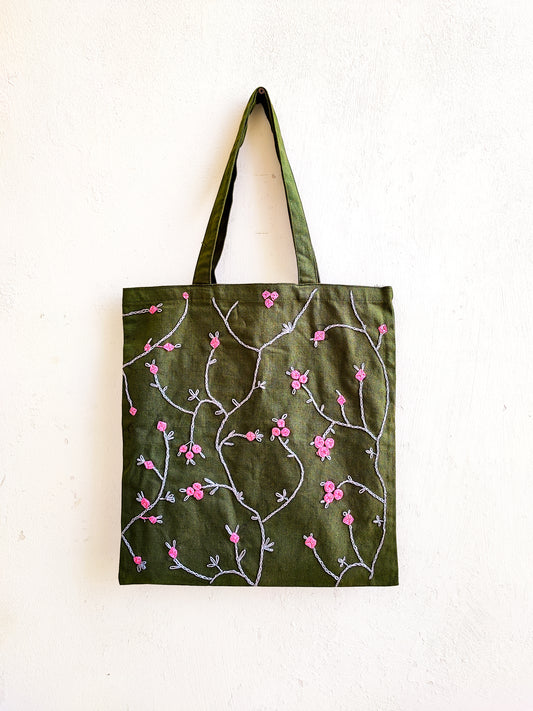 Floral Vine Tote Bag (Hand Embroidered)