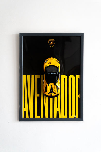 Lamborghini Aventador 3D Car Poster | 1:24 Scale Die-Cast Model | A3 Framed Wall Art | Yellow